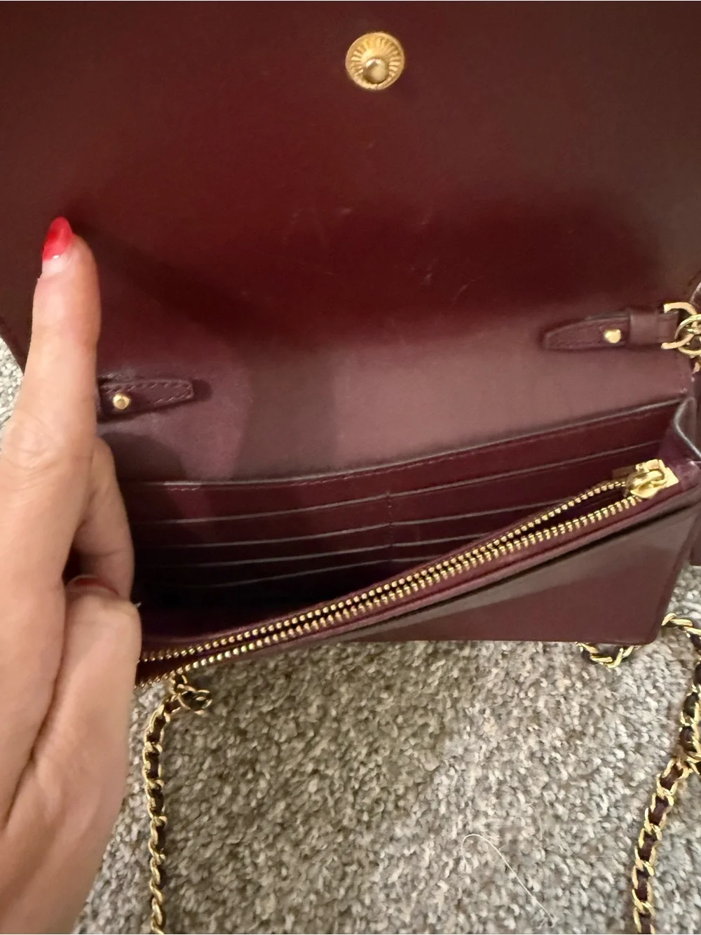 Tory Burch Fleming burgundy quilted leather wallet crossbody